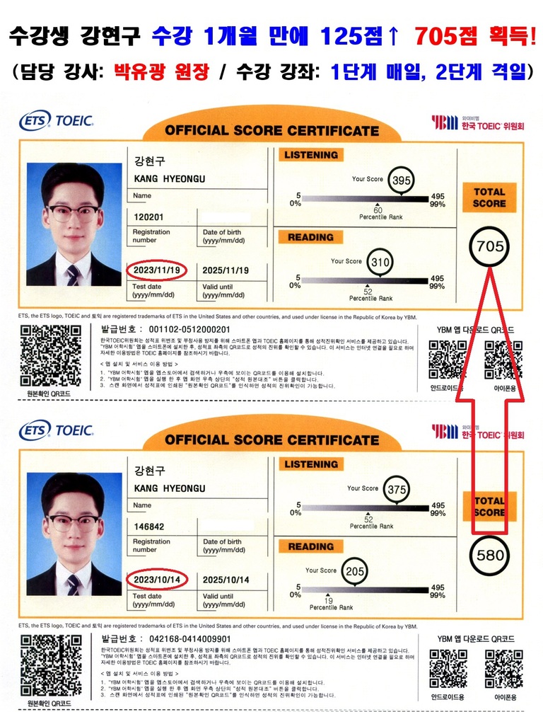 수강생 강현구 토익 성적표